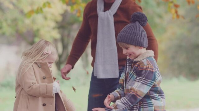 Two children playing and having fun with parents throwing autumn leaves in garden - shot in slow motion