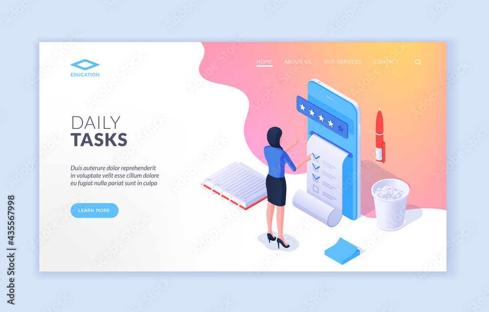 Poster daily tasks. banner of isometric website design with woman using modern mobile application and putti