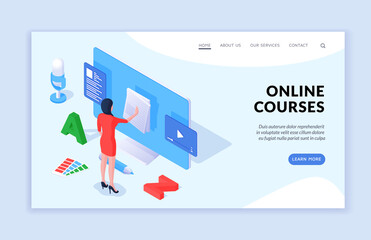 Online courses concept. Modern vector template of landing page banner website with isometric female student using online course resource for education. Podcast, webinar, educational video