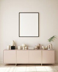 Obraz na płótnie Canvas mock up poster frame in modern interior background, living room, Minimalistic style, 3D render, 3D illustration