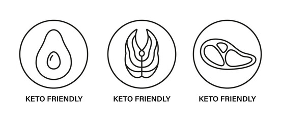 Keto friendly stamp. Healthy eating, ketogenic, paleo and low carb high fat diet icons. Avocado, tuna and meat steak. Isolated vector illustration on white background.