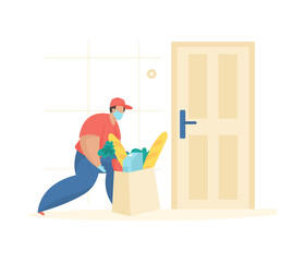 Delivery products customers apartment. Male character in mask puts bag food near door. Express delivery in coronavirus pandemic. Secure orders from comfort your home. Vector flat illustration