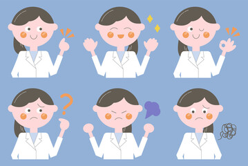 白衣でまとめ髪の女性/表情とポーズ）線なし上半身イラストセット