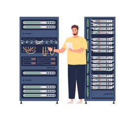 Engineer repairing server, adjusting network connection. Sysadmin maintaining and fixing malfunctions and problems with internet. Colored flat vector illustration isolated on white background