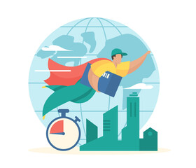 Fototapeta na wymiar Global express delivery. Superhero courier in cape flies with parcel to customer. Worldwide fast logistics with loading and distribution. Shipping any place on planet. Vector flat concept