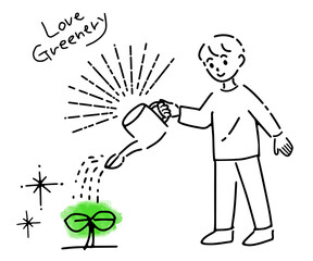 緑の植物を育てる子供のシンプルイラスト