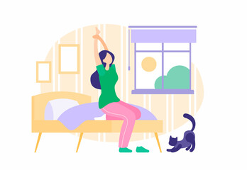 Girl wakes up in morning. Sleepy young woman stretching while sitting bed in pajamas. Morning sun shines through window next to joyful cat. Beginning routine day. Vector flat illustration