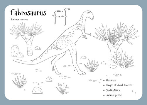 Coloring cards with dinosaurs and alphabet. Dinosaur Fact Cards. Dinosaur Names Corresponding to the English Alphabet. Cute colorful vector illustration. Herbivore set. Dinosaur vegan. Fabrosaurus