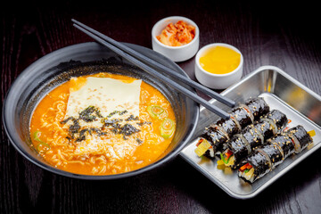 Ramen with cheese and kimbap