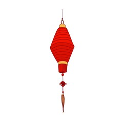 Obraz premium Chinese paper lantern of red and gold colors. Hanging light with candle inside. Asian ceremonial street lamp. Traditional festival bright decoration. Drawn vector illustration isolated on white