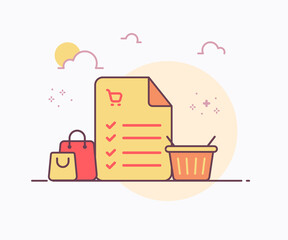 shopping list concept checklist notes around basket bag icon with soft color solid line style