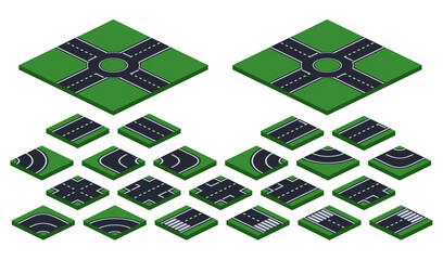 isometric part of street and road asphalt with footpaths and crossroads vector on green background isolated set