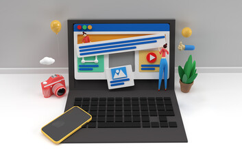 Creative 3D Render Mobile Mockup with Laptop web development banner, marketing material, presentation, online advertising.