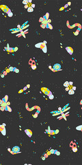 Seamless pattern with drawn funny colorful cute insects. Dark gray background. Summer funny background. Vector illustration