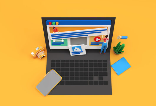 Creative 3D Render Mobile Mockup with Laptop web development banner, marketing material, presentation, online advertising.