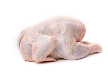 Raw chicken carcass isolated on a white background. Close-up
