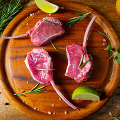 Raw Fresh Lamb Chops Wooden Cutting Board