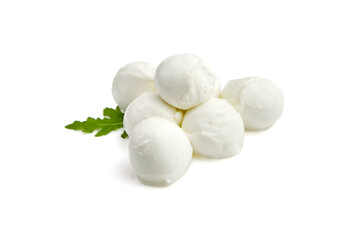 Mozzarella cheese with arugula salad leaf isolated on white background.