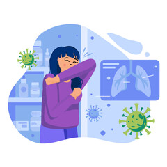Coronavirus concept. Woman is ill with covid-19, coughs in her elbow. Infectious patient with symptoms of viral disease. Template of people scenes. Vector illustration with characters in flat design