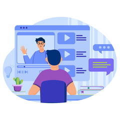 Video tutorials concept. Man watches video or blogger stream and learns new skills. Student watching online webinars. Template of people scenes. Vector illustration with characters in flat design