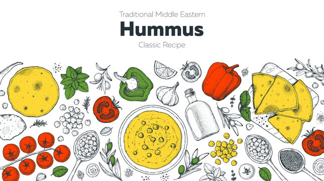 Hummus cooking and ingredients for hummus, sketch illustration. Middle eastern cuisine frame. Healthy food, design elements. Hand drawn, package design. Middle eastern food.