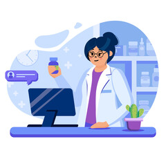 Online pharmacy concept. Pharmacist processes order for purchase of medicines via web page. Online drugstore service. Template of people scenes. Vector illustration with characters in flat design