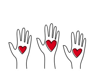 human hands raised up, heart in the palm, charity illustration
