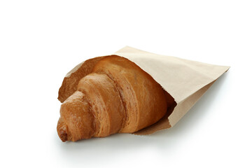 Paper bag with croissant isolated on white background
