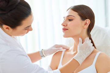 Cosmetologist in gloves checking face of woman