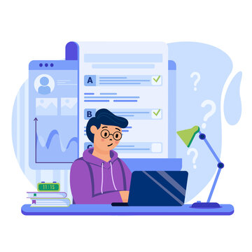 Online testing concept. Man fills out online questionnaire form by ticking answers. Student takes exam on remote learning. Template of people scenes. Vector illustration with characters in flat design