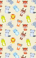 Children's cute pattern with animals. Hippo, raccoon, fox, tiger, lion, giraffe, elephant, deer. Fabric, Gift paper, Print, Sticker