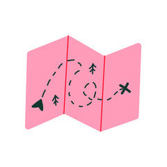 Paper folded map with route. Map for camping, tourism and hiking. Flat illustration.