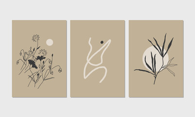 Modern aesthetic posters with florals prints and abstract minimalist illustration. Great for interior decor, wall art, tote bag, t-shirt print.