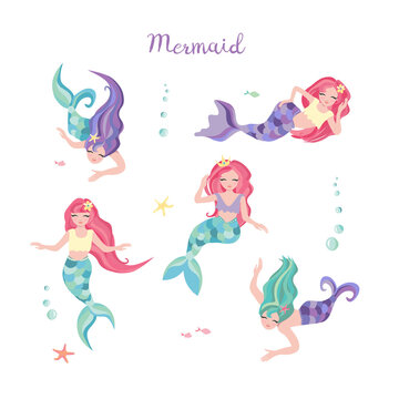 Set of cute little mermaid with colorful hair and different shapes of tail. Template for design greeting cards, notebook, kids poster. Cartoon vector illustration.