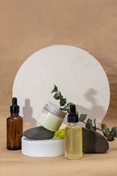 Organic cosmetic creative composition with circles and natural materials