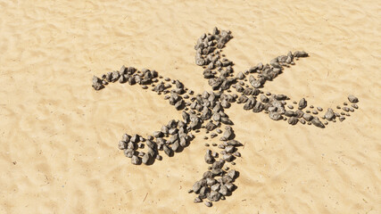 Concept conceptual stones on beach sand handmade symbol shape, golden sandy background, pisces zodiac sign. 3d illustration symbol for  esoteric, the mystic, the power of prediction of astrology