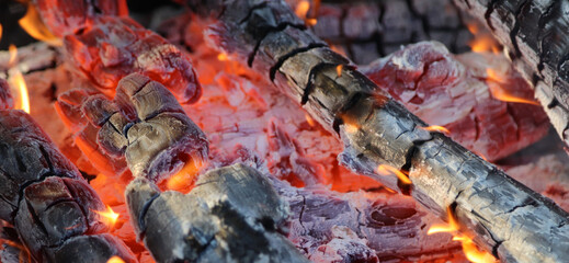 Fire woods and hot coal in a grill