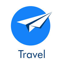 Logotipo con texto Travel y avión de papel en círculo de color azul