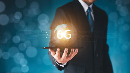 Man hold globe 6G with a electronic circuit pattern Virtual screen popped up. It consists of a 5G network to communicate technology around the world. Wireless connection concept new innovative concept
