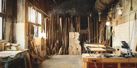 Interior of carpenter workplace with   professional equipment