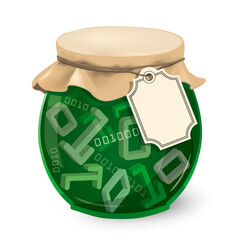 Well secured data,Data protection, Funny vintage concept.
Illustration of jam glass jar with binary code 3d symbols and label with place for your text. Vector available.