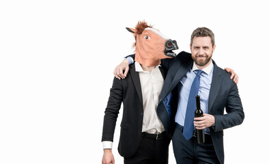Coworkers celebrate staff costume party isolated on white copy space, corporate spirit