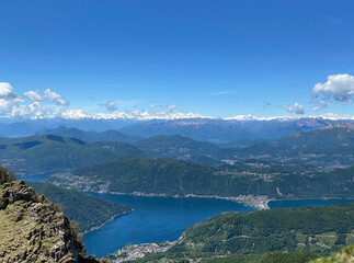 Panorama View from Top of Monte Genereso, Ticino, Switzerland. View to Lugano city, San Salvatore mountain and Lugano lake. 