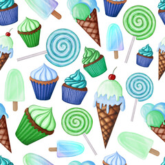 Green and blue pattern with desserts on white background