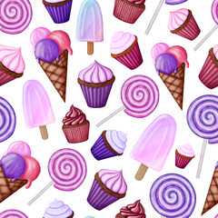 Pink and purple pattern with desserts on white background