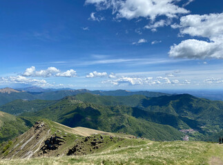 Panorama View from Top of Monte Genereso, Ticino, Switzerland. View to Lugano city, San Salvatore mountain and Lugano lake. 