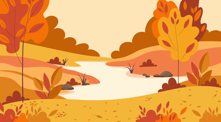 Autumn landscape with fallen leaves, yellow hills, river and forest. Vector illustration in trendy flat simple style. Background for banner, greeting card or poster