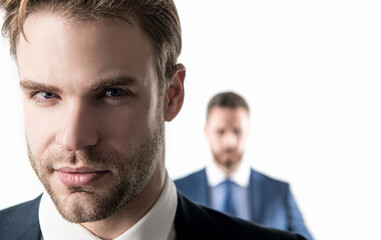 Unshaven face of young guy professional business man portrait in formalwear, handsome