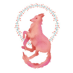 Textural raster pink wolf with flowers for creating fashion prints, postcard, wedding invitations, banners, arrangement illustrations, bouquets. Raster colorful animal on white background.