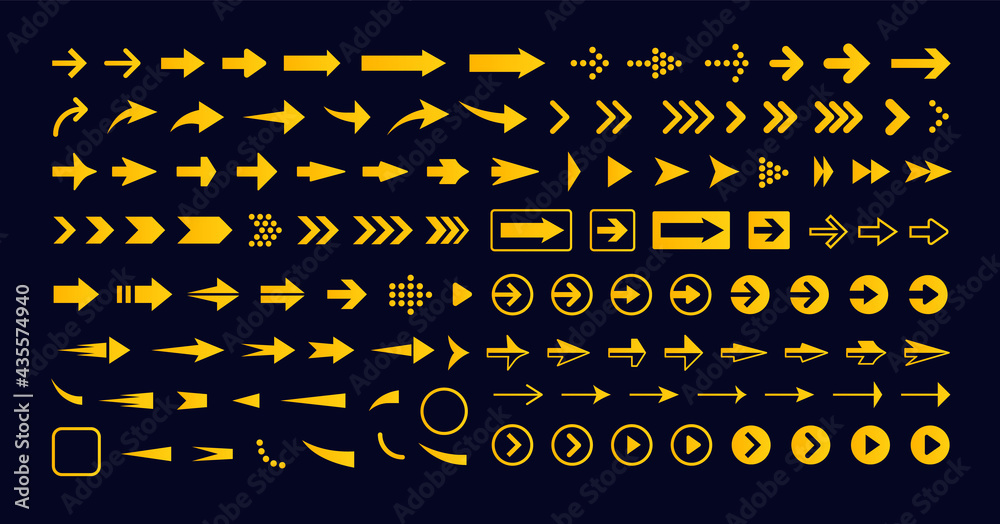 Poster Geometric right arrow set, vector icon. Pointer icon, next sign, forward button. Infographic simple elements. Navigation and multimedia graphic for web interface